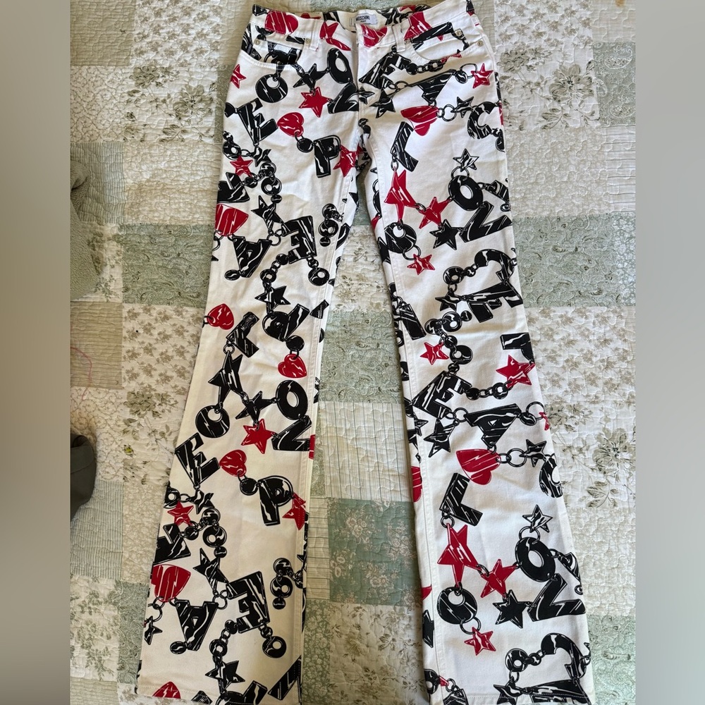 Moschino Jeans White Black Red Love Print Straight Leg Jeans